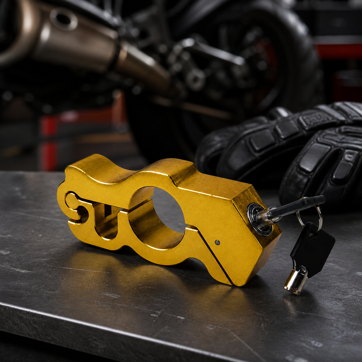 Gold alloy motorcycle brake lock with keys on a motorcycle workbench
