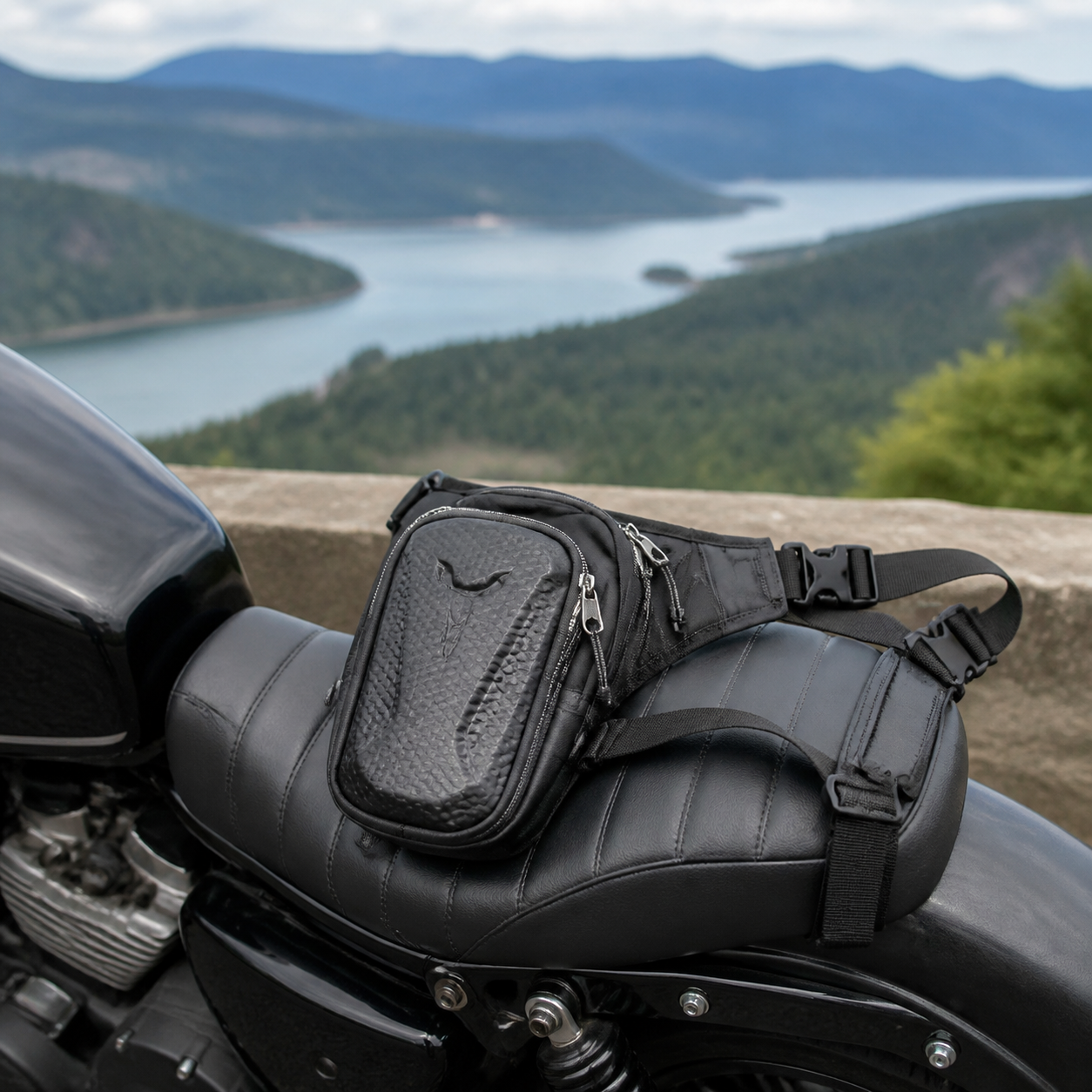 Motorcycle leg bag on a parked motorcycle seat