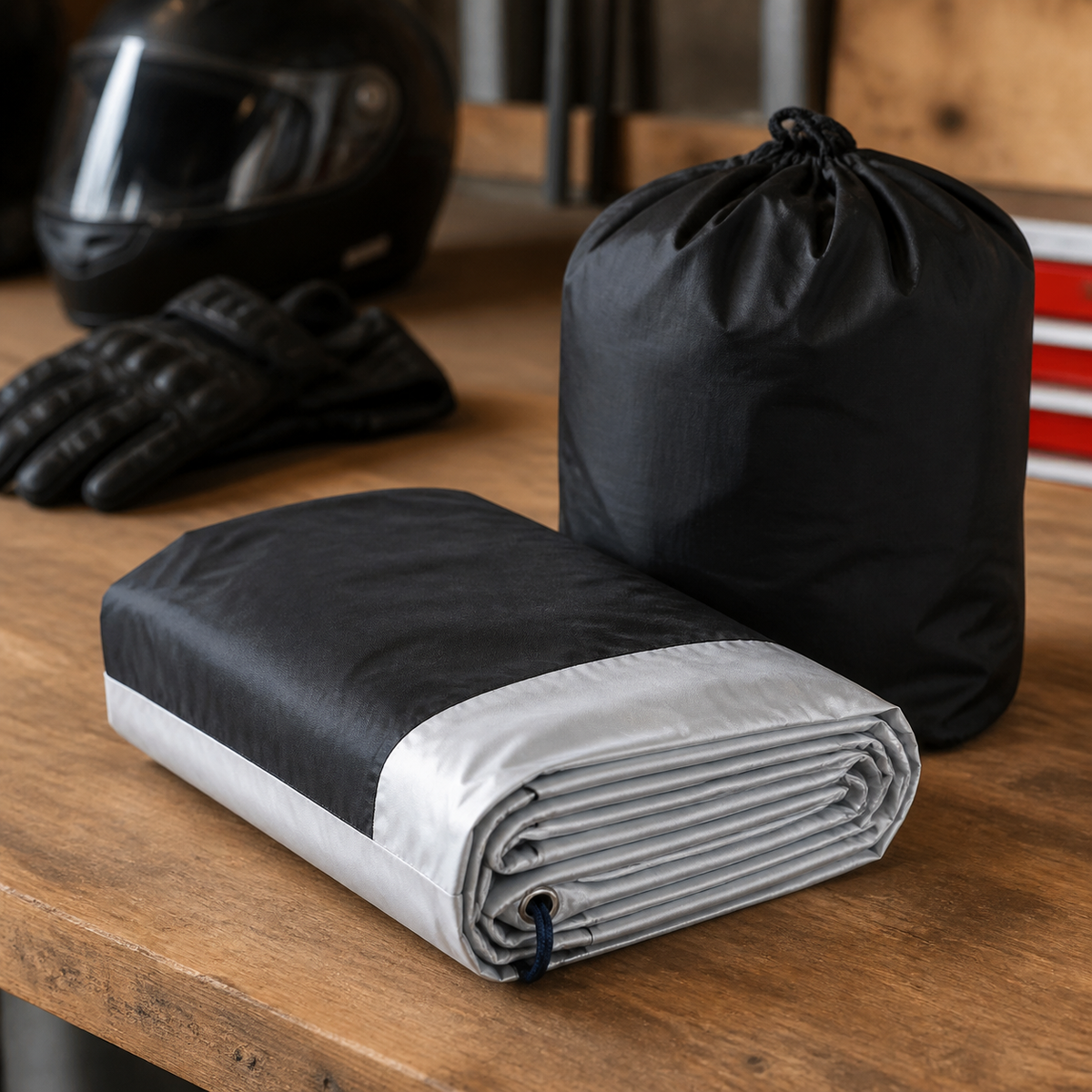 Folded black and silver motorcycle cover with storage bag