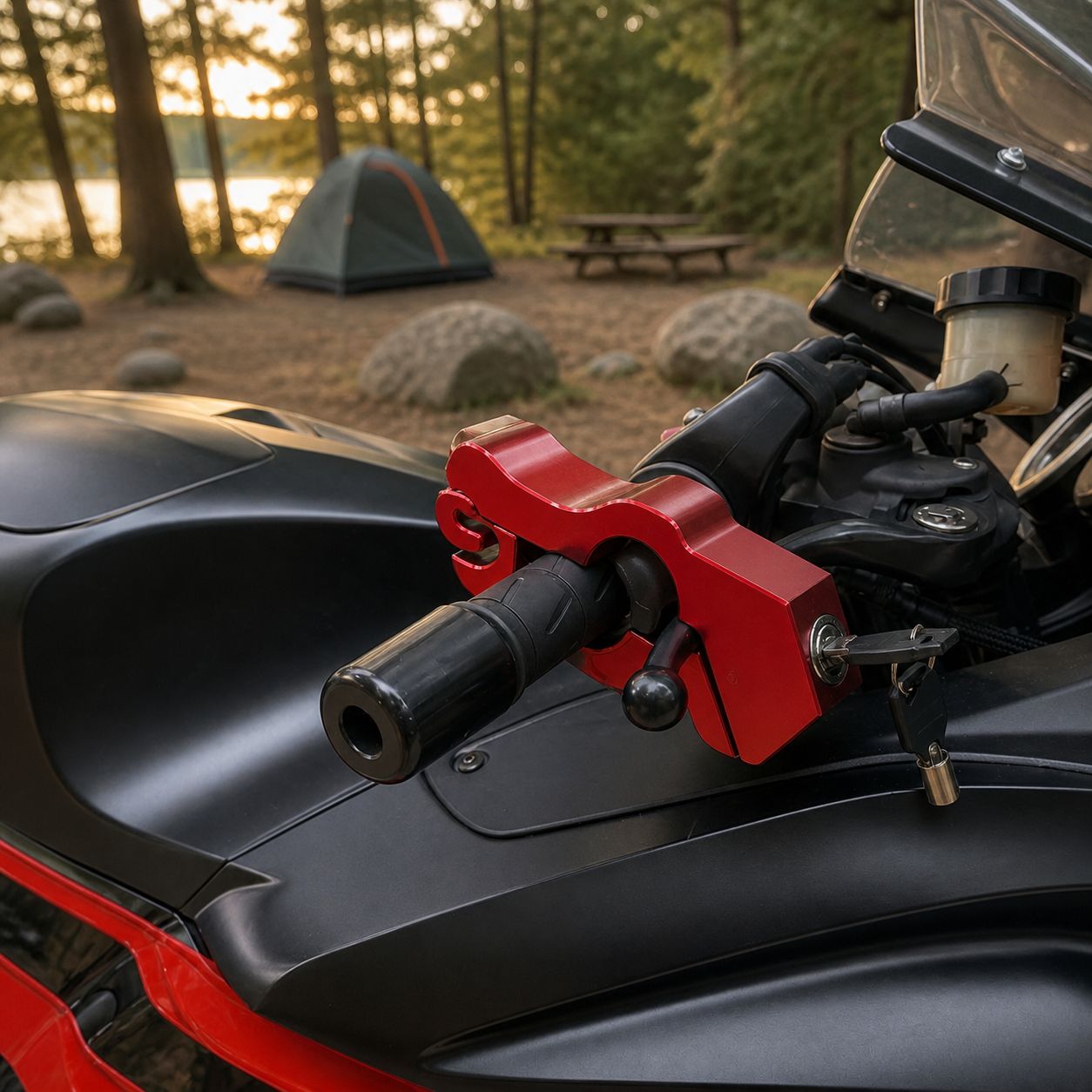 Red alloy handlebar brake lock on a parked motorcycle at a campground
