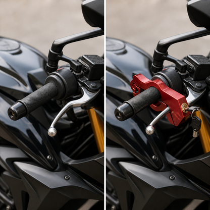 Motorcycle controls open before parking and visibly secured with a red brake lock