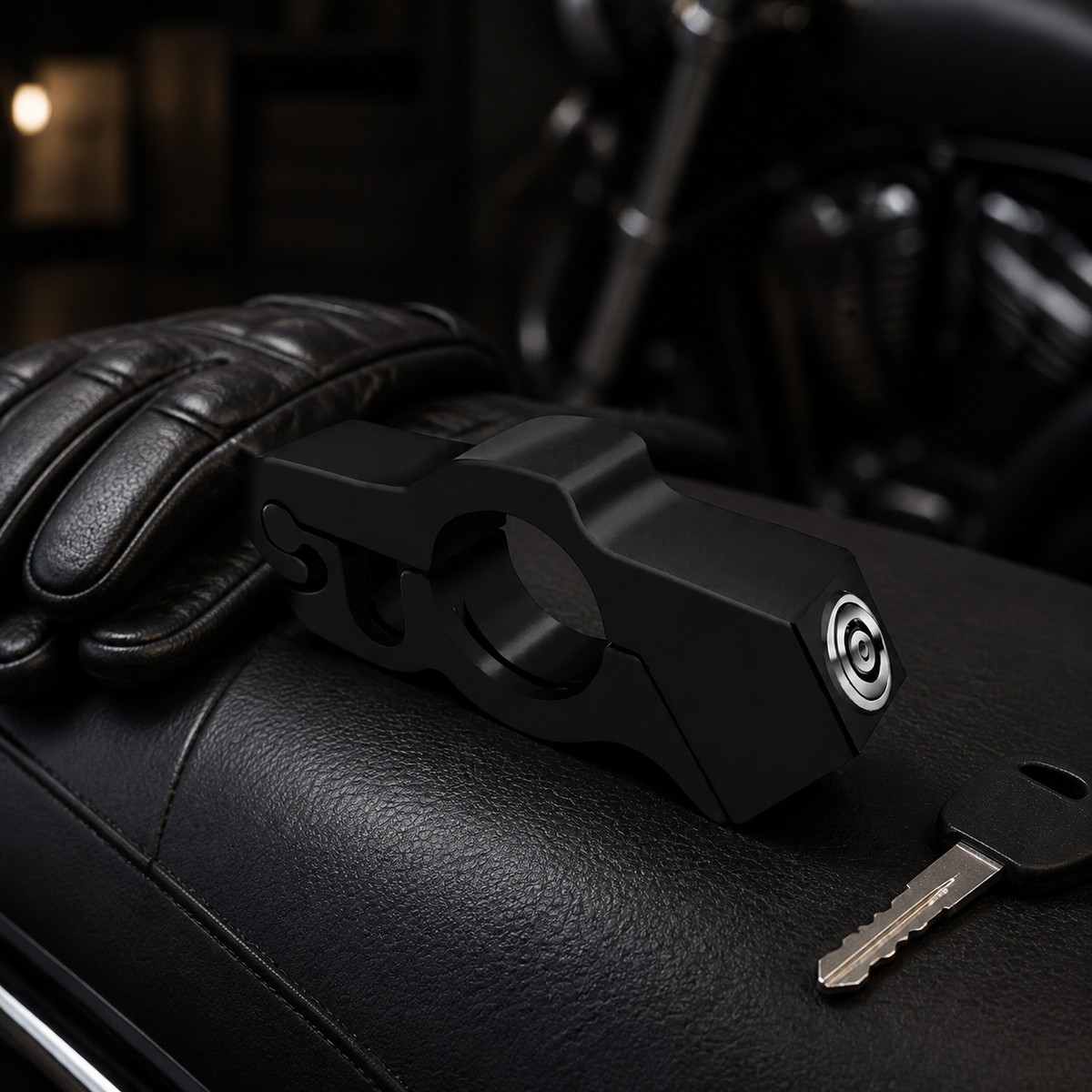 Black alloy motorcycle brake lock carried with rider gear
