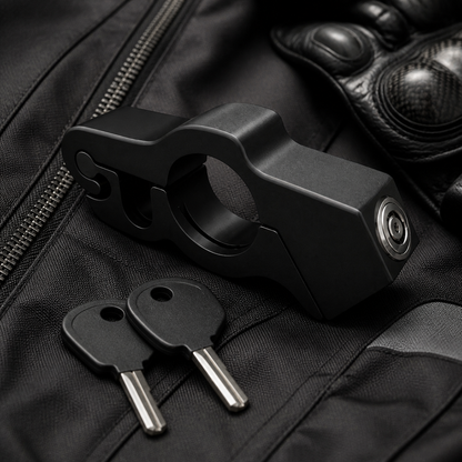Black alloy motorcycle brake lock with two keys on a riding jacket