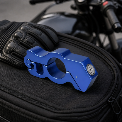 Blue alloy motorcycle brake lock carried with rider gear