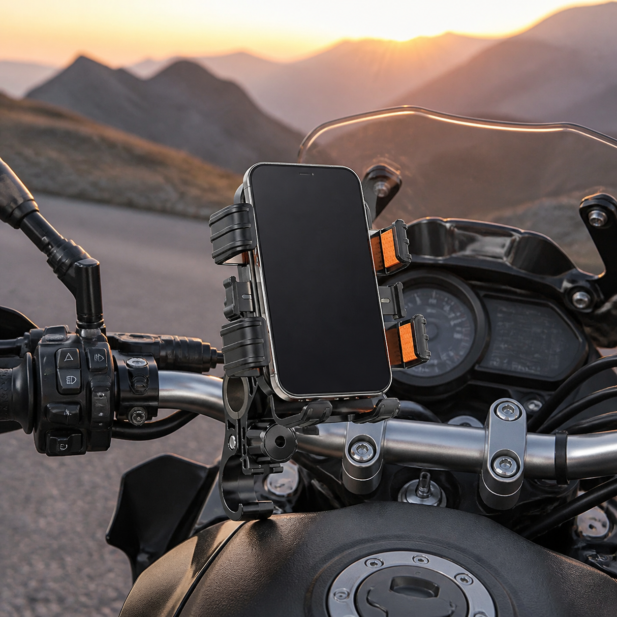 Touring motorcycle phone mount at sunset