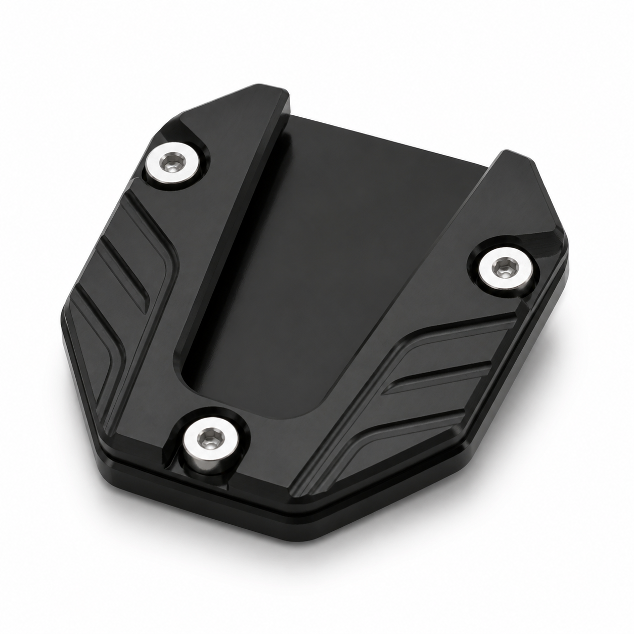 Black CNC motorcycle kickstand pad showing U-shaped clamp profile