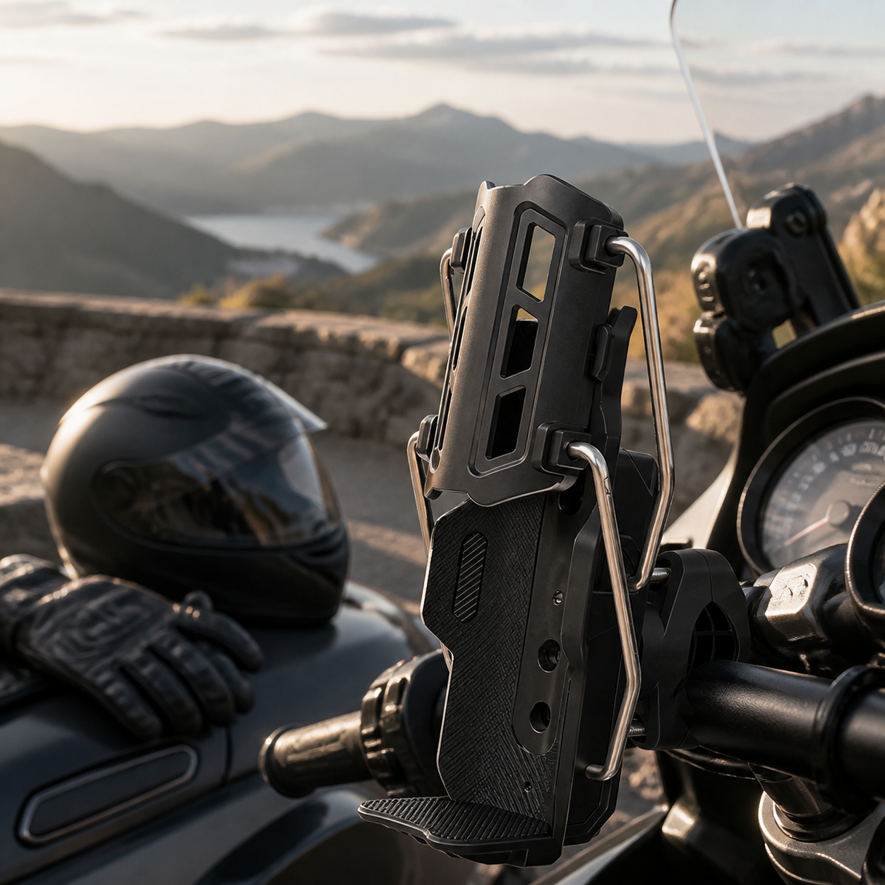 Motorcycle hydration holder on a parked touring motorcycle at a scenic stop