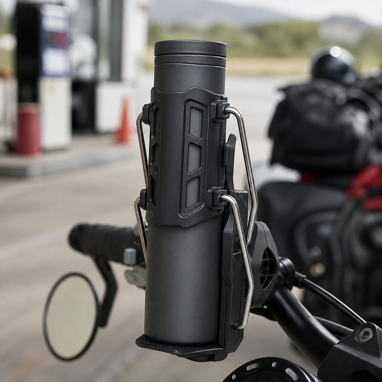 Two spring-wire retention arms securing a touring flask
