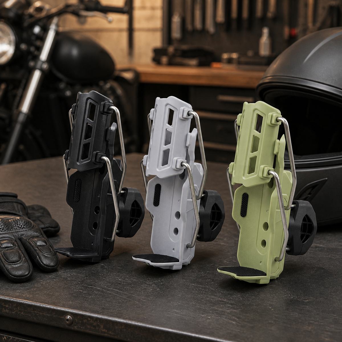 Black, gray and green motorcycle drink holder options