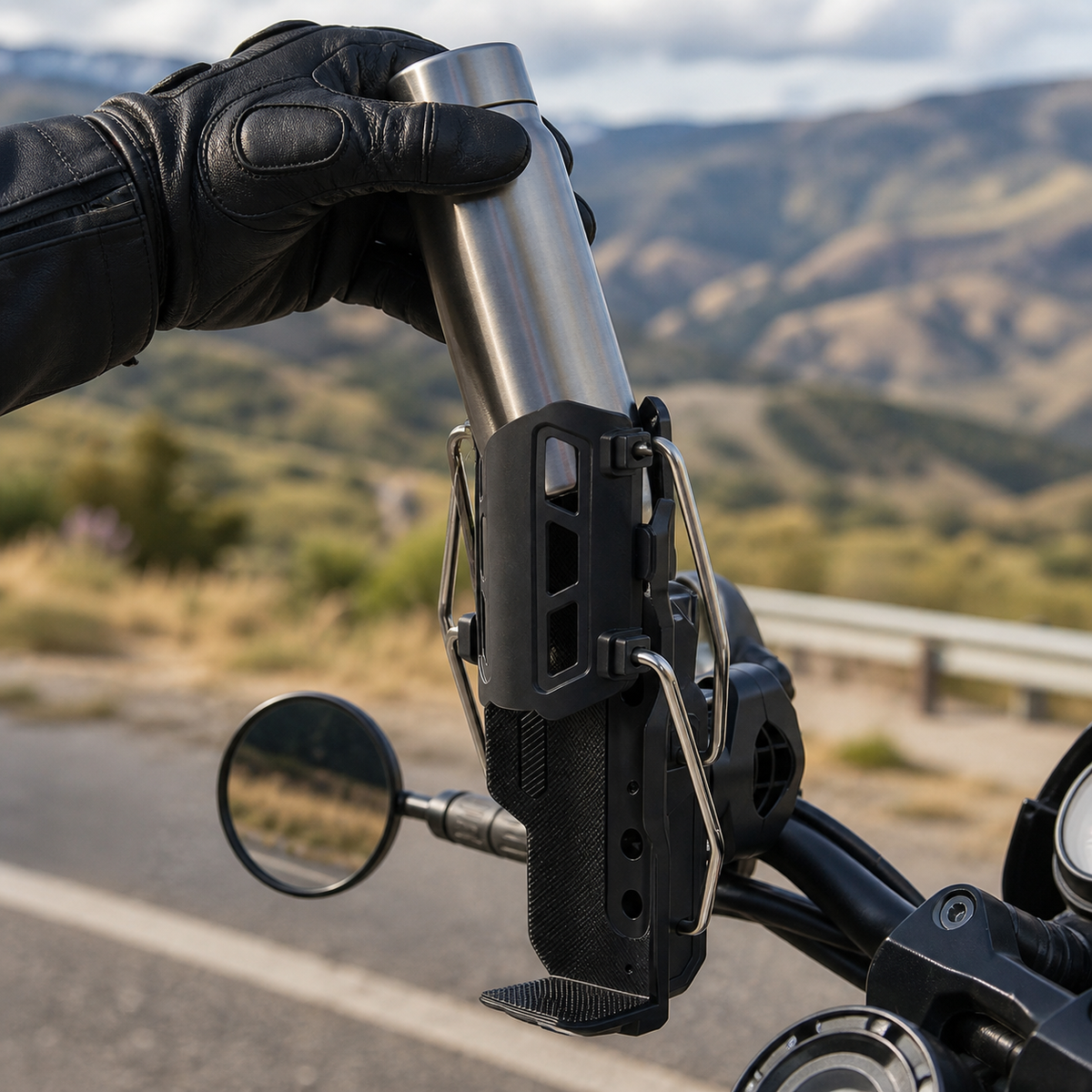 Retrieving a touring flask after the motorcycle is parked