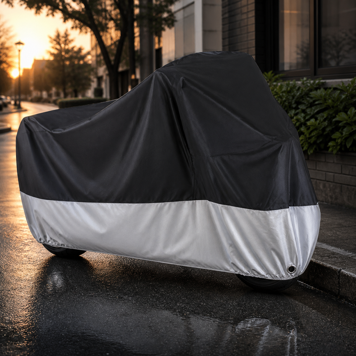 Black and silver motorcycle cover protecting a parked bike after rain