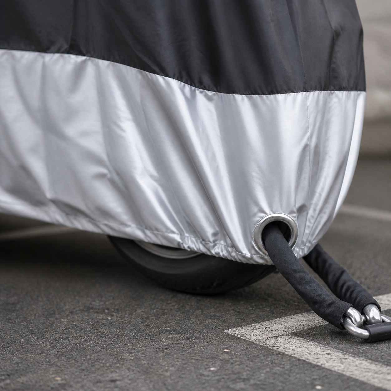 Motorcycle cover lock-hole detail with a rider's own chain lock