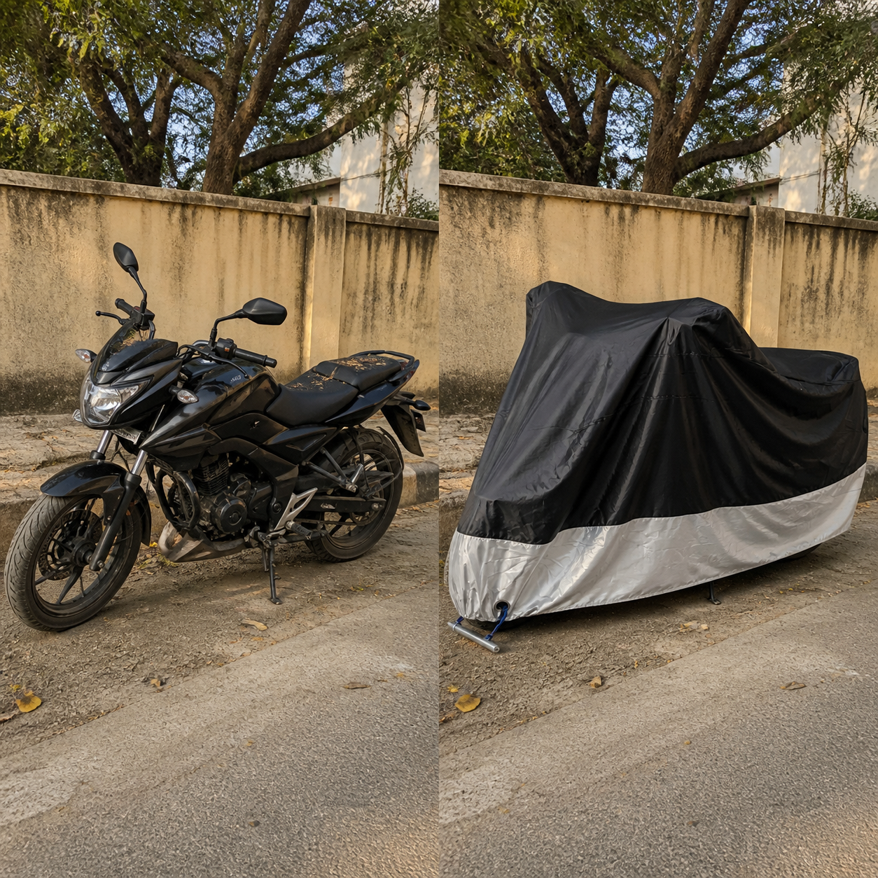 Before and after outdoor motorcycle parking protection