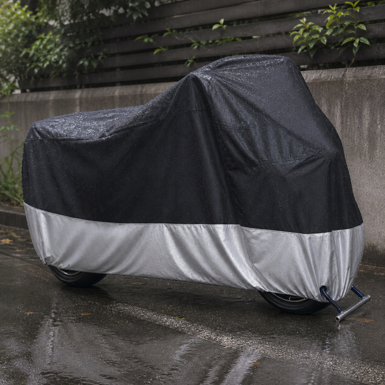Black and silver motorcycle cover in light rain