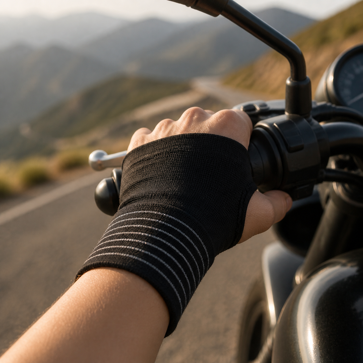 Black wrist wrap at motorcycle throttle during a long ride