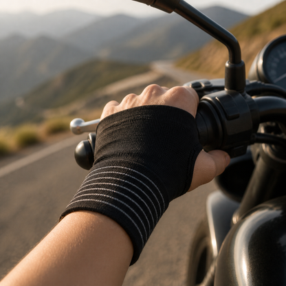 Black wrist wrap at motorcycle throttle during a long ride