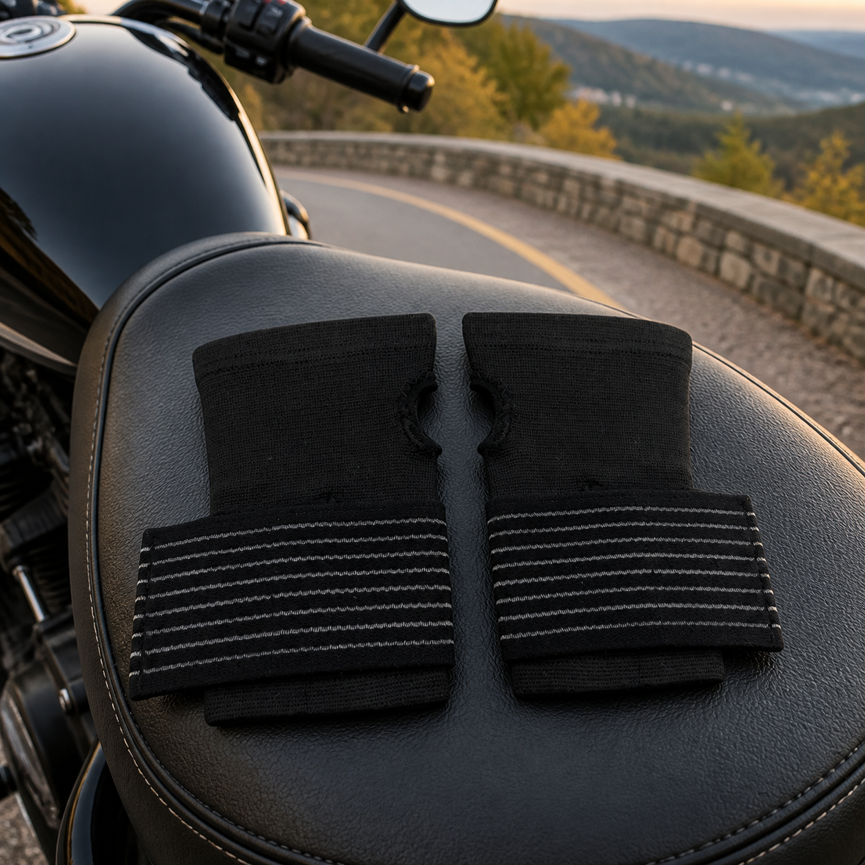 Two black wrist wraps on a motorcycle seat at a road overlook