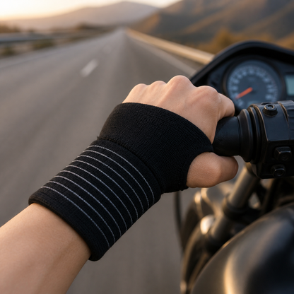 Black wrist wrap showing thumb opening at motorcycle throttle