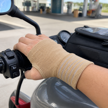 Beige wrist wrap at a motorcycle rest stop
