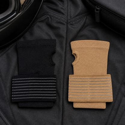 Black and beige wrist wrap color options with riding gear
