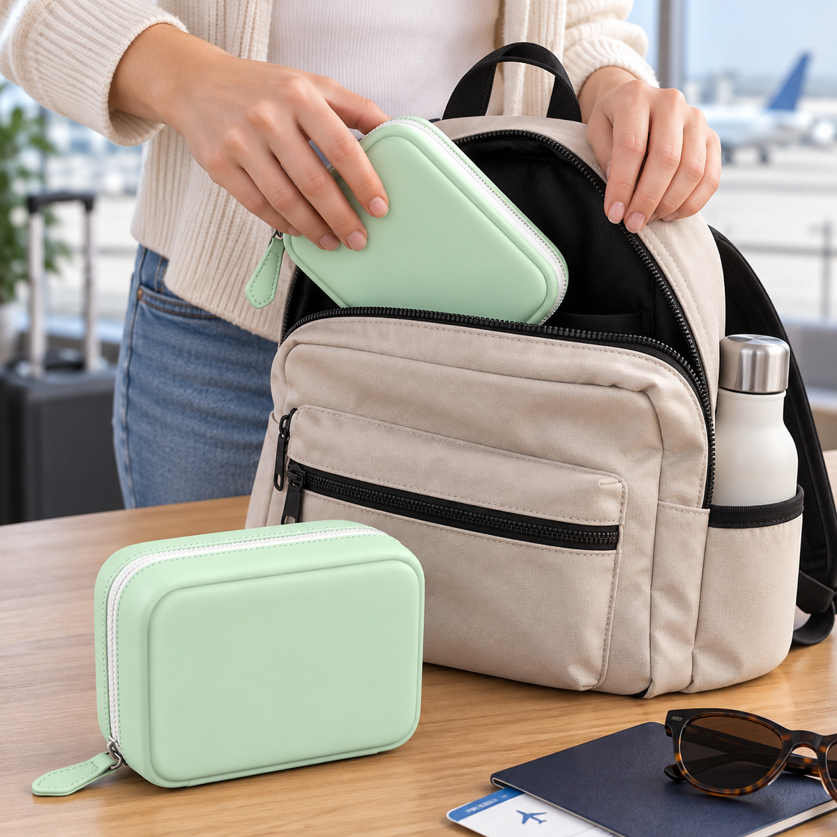Mint-green organizer packed for travel