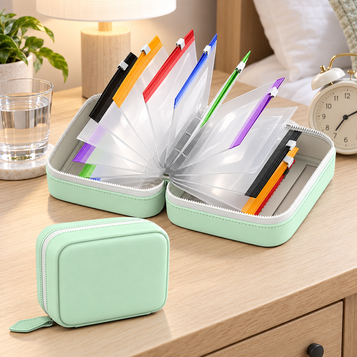 Open weekly organizer on a bedside table