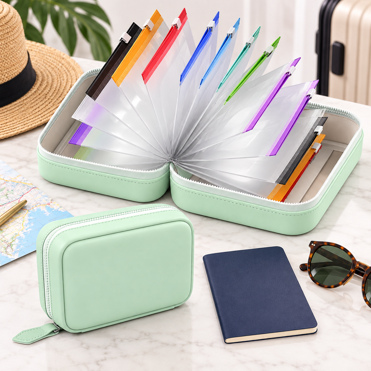 Compact organizer shown with travel essentials