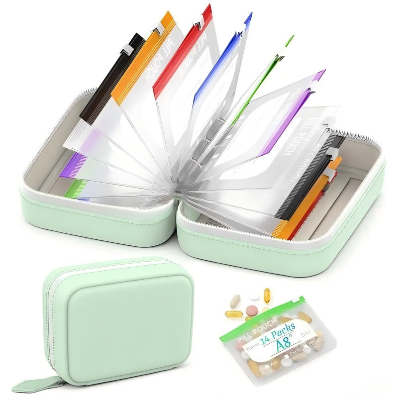 Supplier view of open mint-green 14-pouch organizer