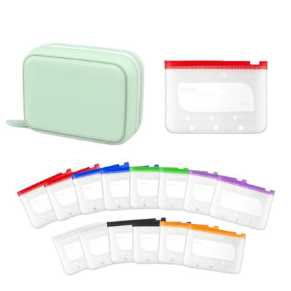 Mint-green case with fourteen color-coded pouches