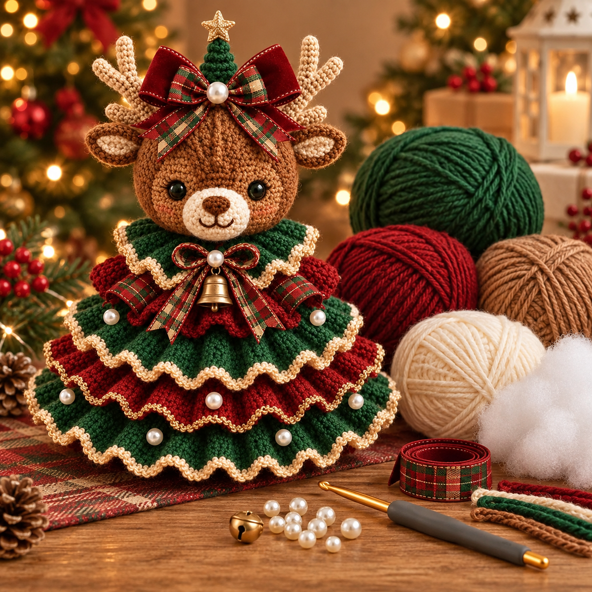 Reindeer crochet Christmas tree finished example