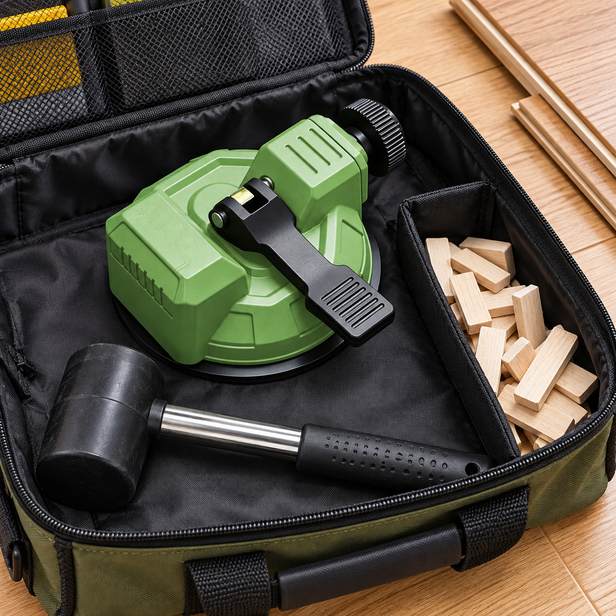 Compact floor gap fixer in tool bag; mallet not included