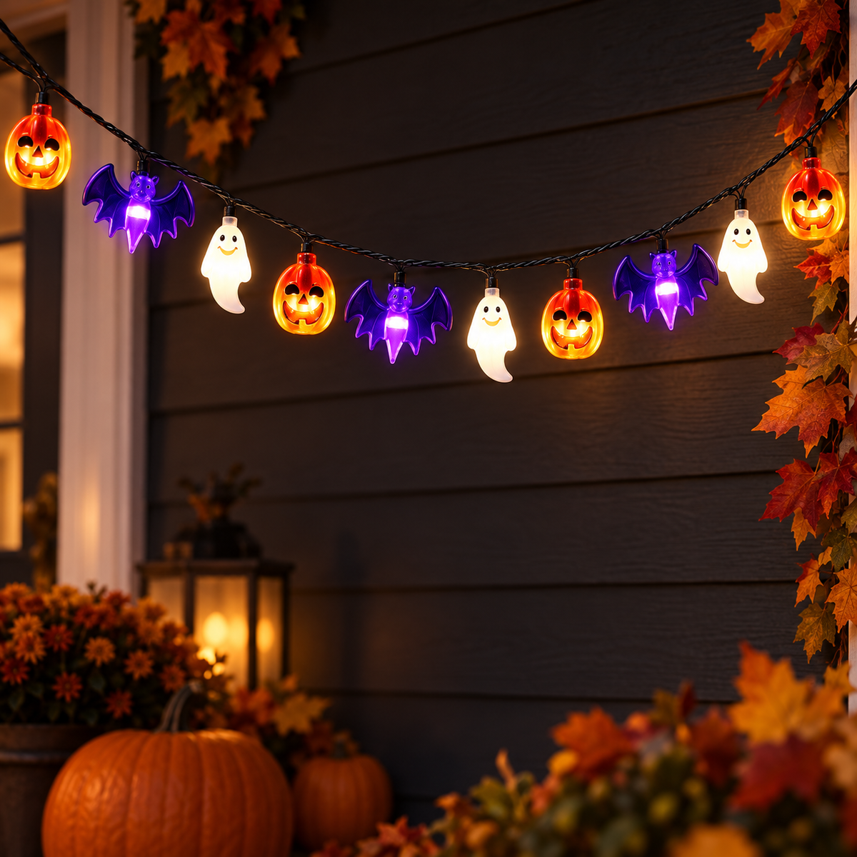 Pumpkin ghost and purple bat Halloween string lights on a covered porch