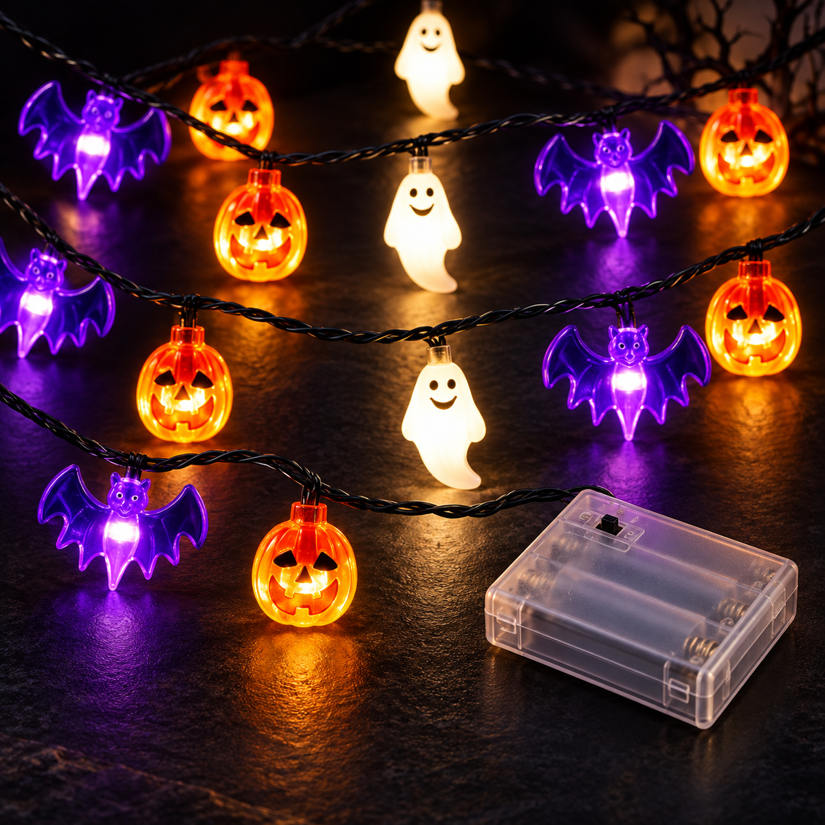 Three AA battery box detail for Halloween string lights