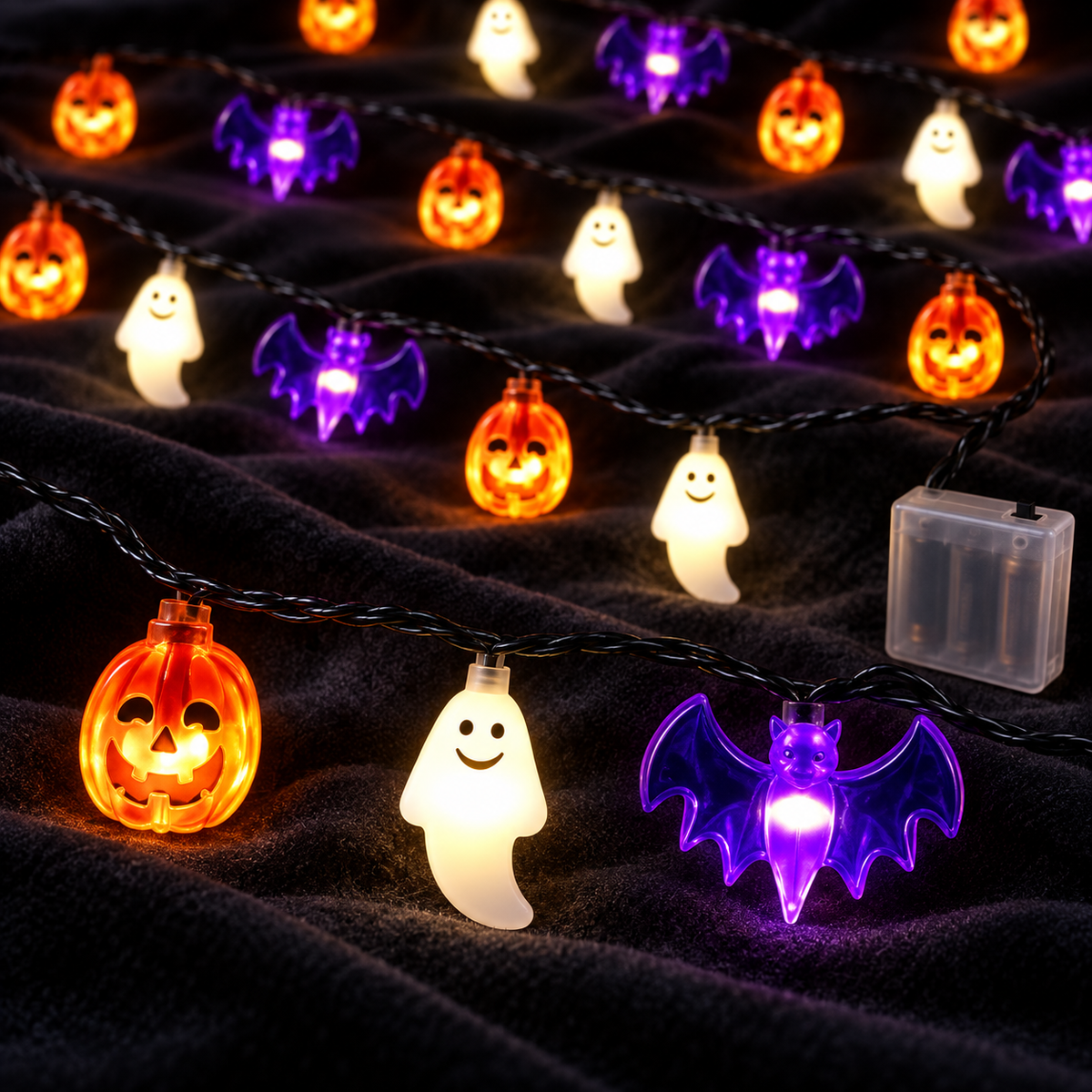 Close hero view of pumpkin ghost and purple bat string lights