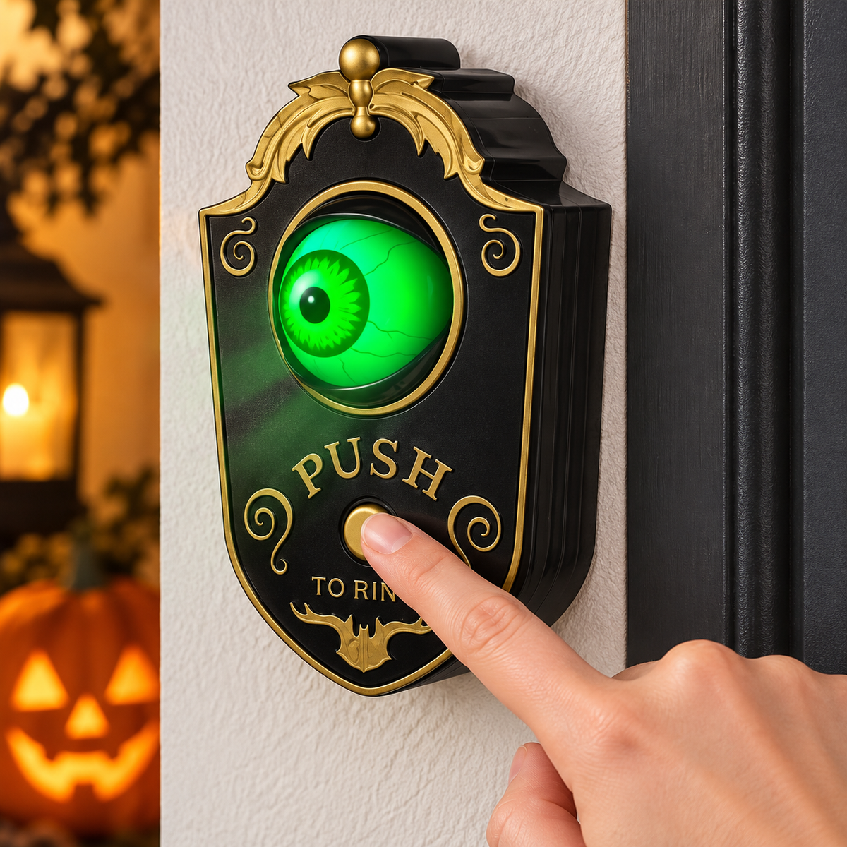 Finger pressing the Halloween eyeball doorbell