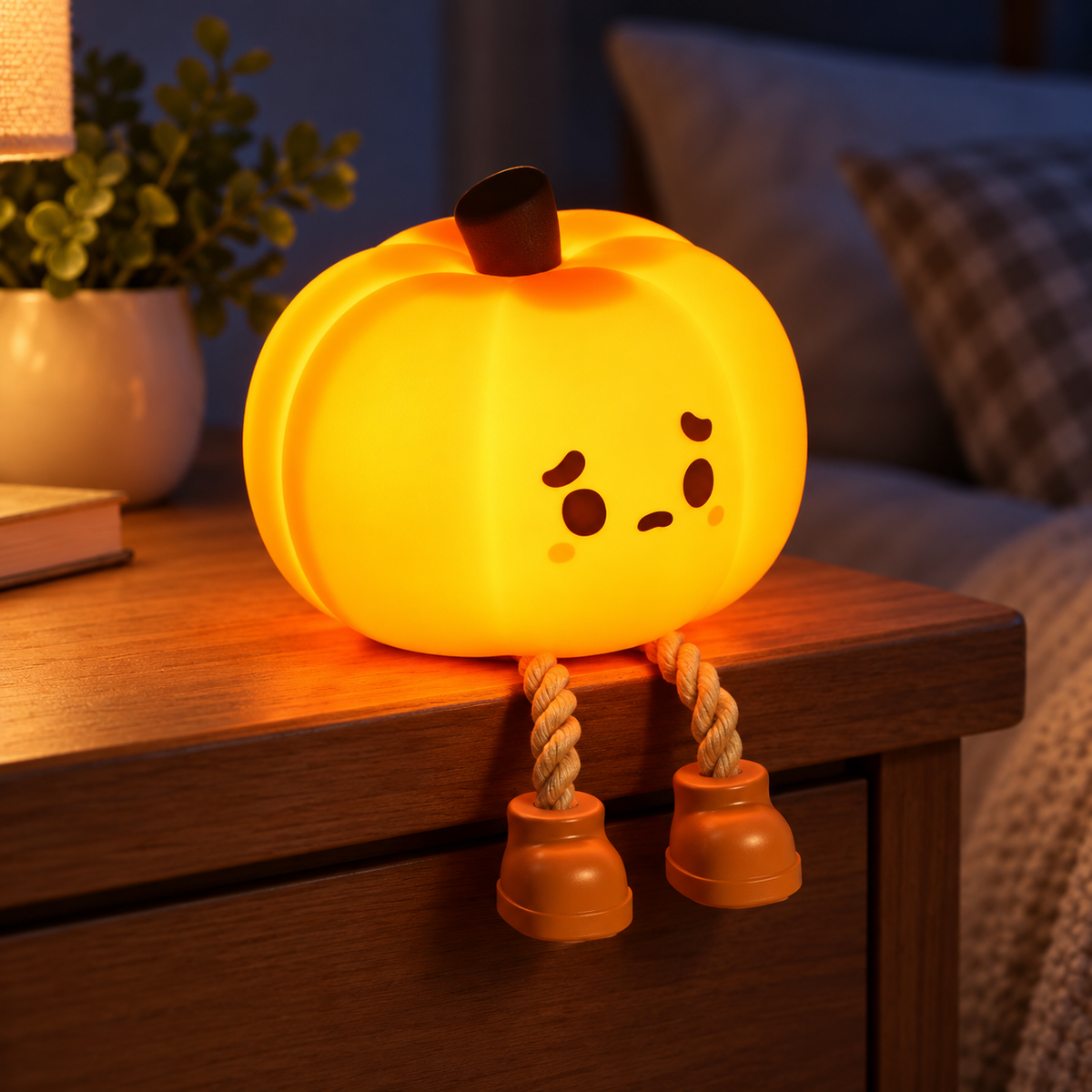 Glowing pumpkin silicone tap light on a bedside table