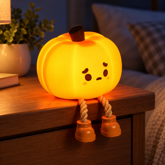 Glowing pumpkin silicone tap light on a bedside table