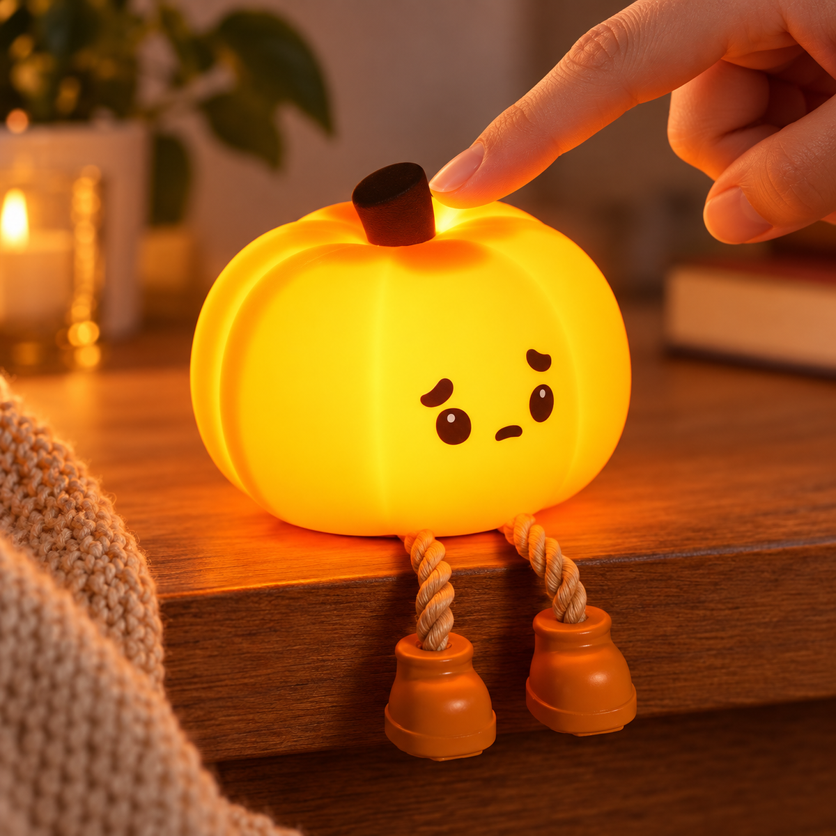 Finger tapping the soft silicone pumpkin light