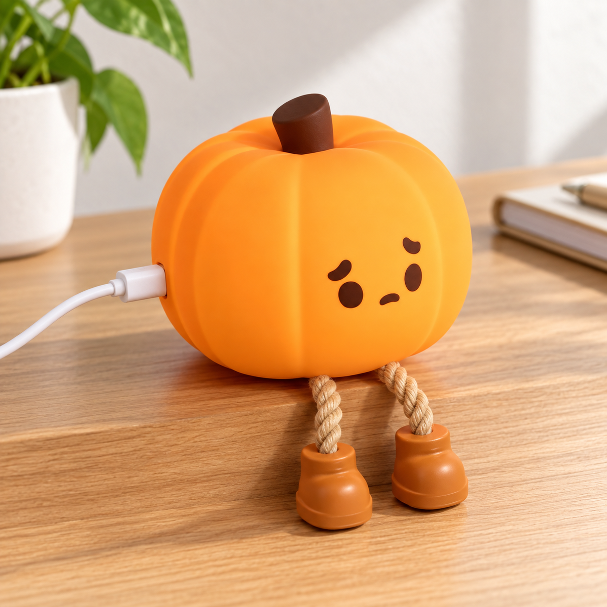 USB charging cable connected to the pumpkin tap light